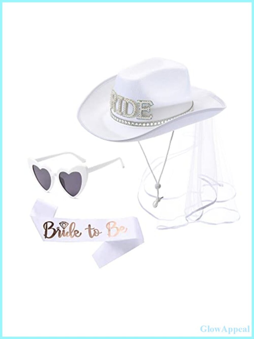Bride Cowgirl Hat Set with Veil Sash Heart Glasses Bachelorette Party
